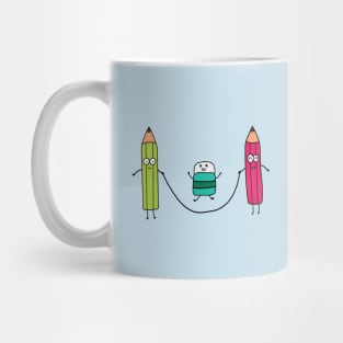 funny cute pensils and eraser playing jump ropes Mug